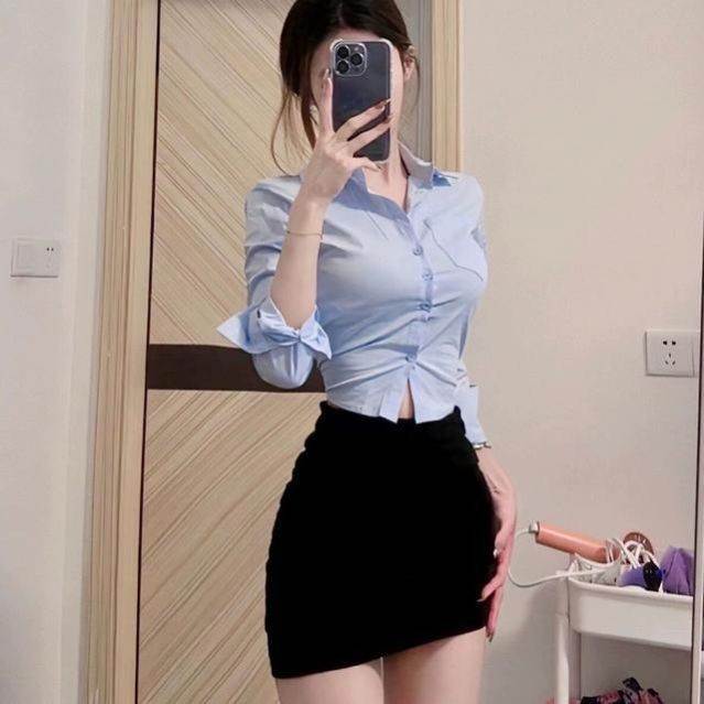 纯欲收腰jk衬衫女长袖小个子浅蓝色衬衣性感短款工作服包臀裙套装