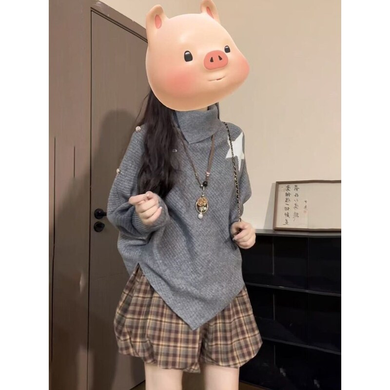 韩系不规则设计感慵懒宽松高领斗篷毛衣搭配女学生花苞裙裤套装