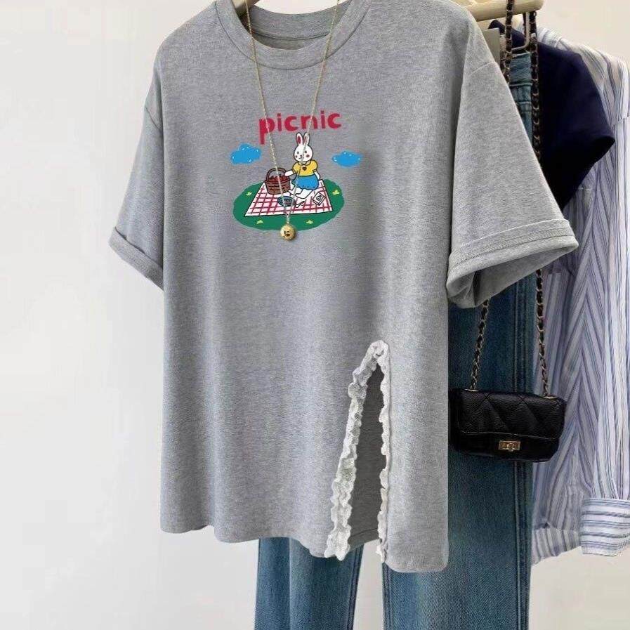 大码200斤正肩棉质透气显瘦短袖t恤女上衣胖mm遮肉修身百搭中长款