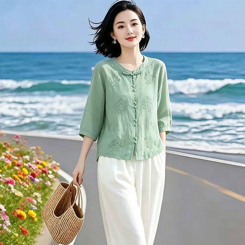 洋气妈妈夏装天丝麻衬衫女宽松显瘦新中式国风刺绣上衣女时尚减龄