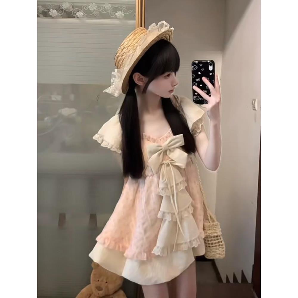 花织奈奈 杏色小披肩+碎花花苞连衣裙+打底南瓜裤古早风甜妹套装