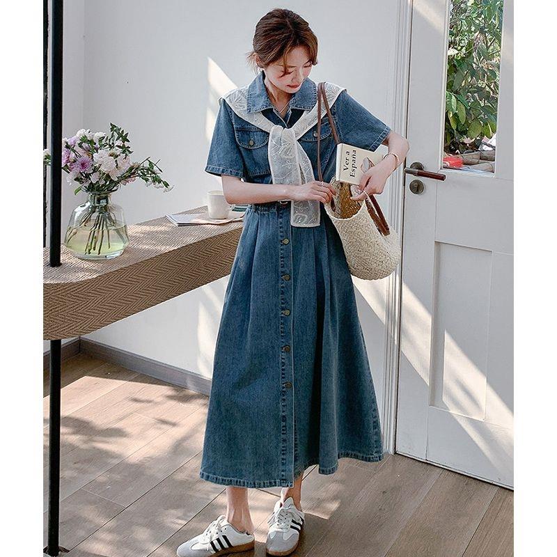 蓝色法式牛仔衬衫连衣裙女2026年夏季新款高级感气质收腰显瘦长裙