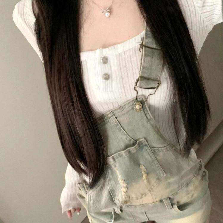 美式复古辣妹做旧牛仔背带短裤女夏季纯欲风微透防晒罩衫T恤套装