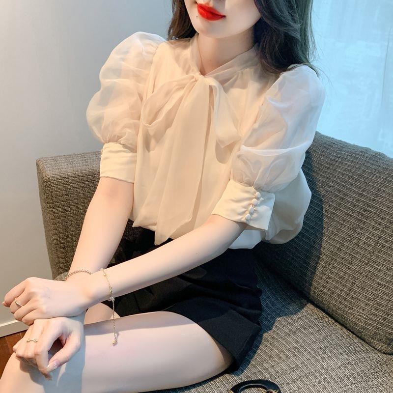 泡泡袖短袖衬衫女夏季2026年新款蝴蝶结雪纺上衣小众别致漂亮小衫