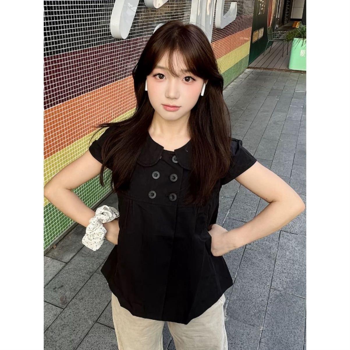 黑色显瘦娃娃领短袖衬衫日韩系少女甜美修身法式开衫泡泡袖上衣女