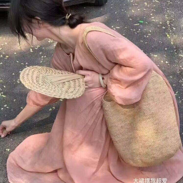 粉色 新款中袖连衣裙女装夏款宽松大码遮肚子显瘦系带V领便宜长裙