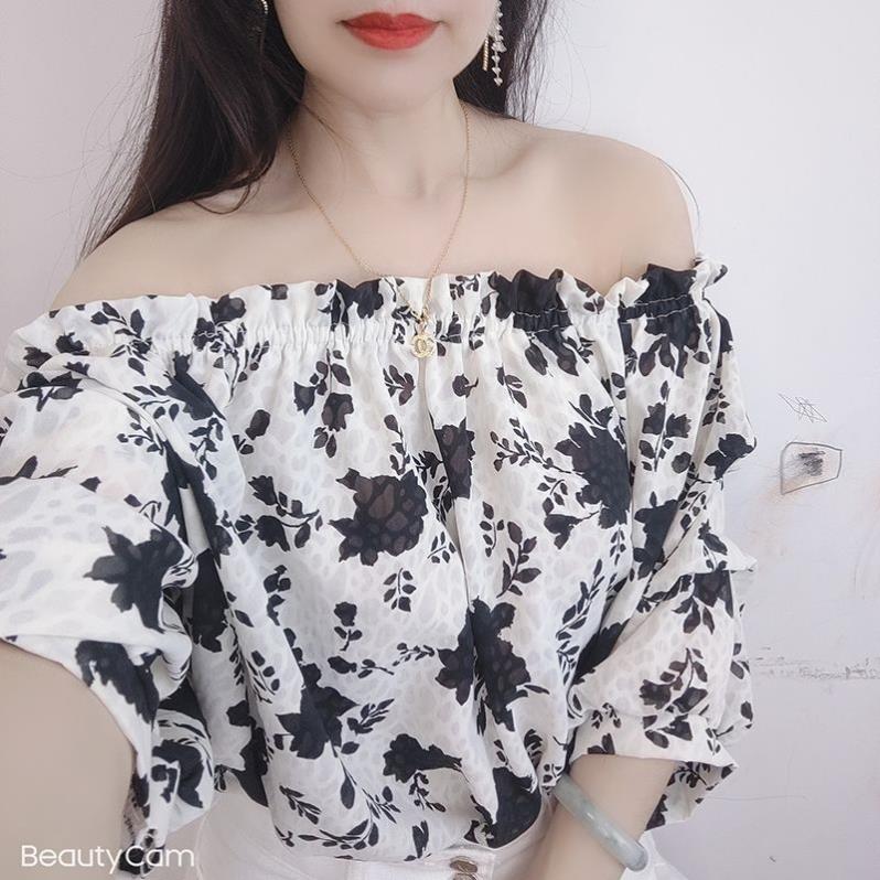 荷叶边一字肩短袖超仙雪纺衫女时尚宽松遮肉洋气显瘦法式上衣夏季