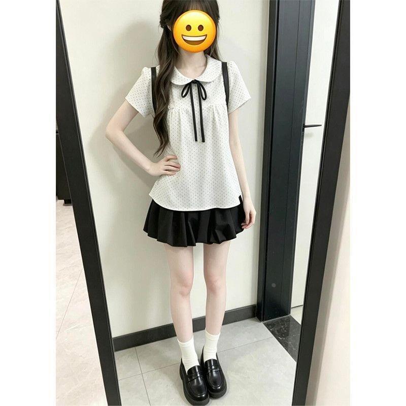 软妹元气波点娃娃领衬衫搭配高腰黑色花苞裤裙小个子显高两件套
