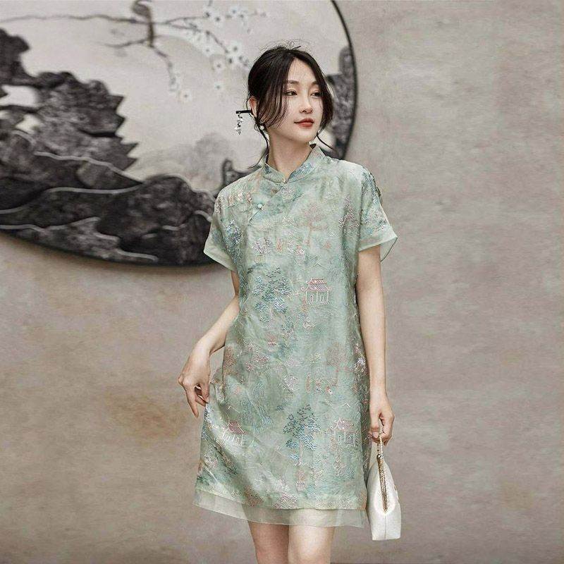 新中式旗袍改良年轻款少女新款欧根纱连衣裙高级感碎花连衣裙女夏