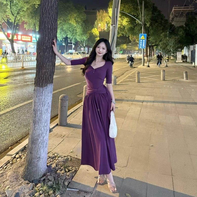 纯欲风灰色扭结性感高腰修身显身材连衣裙中袖显瘦长裙日常大摆裙
