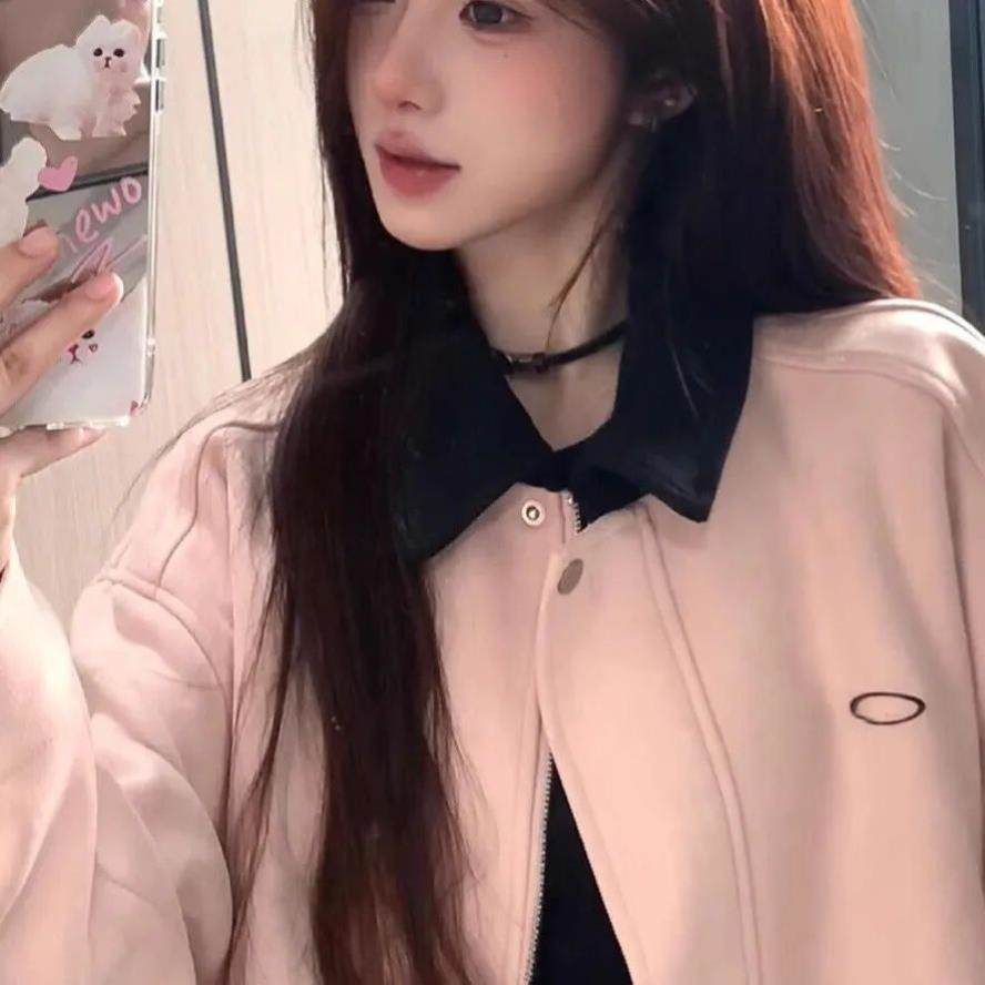 粉色外套女春秋季2026宽松休闲新款美式复古翻领棒球服夹克上衣潮