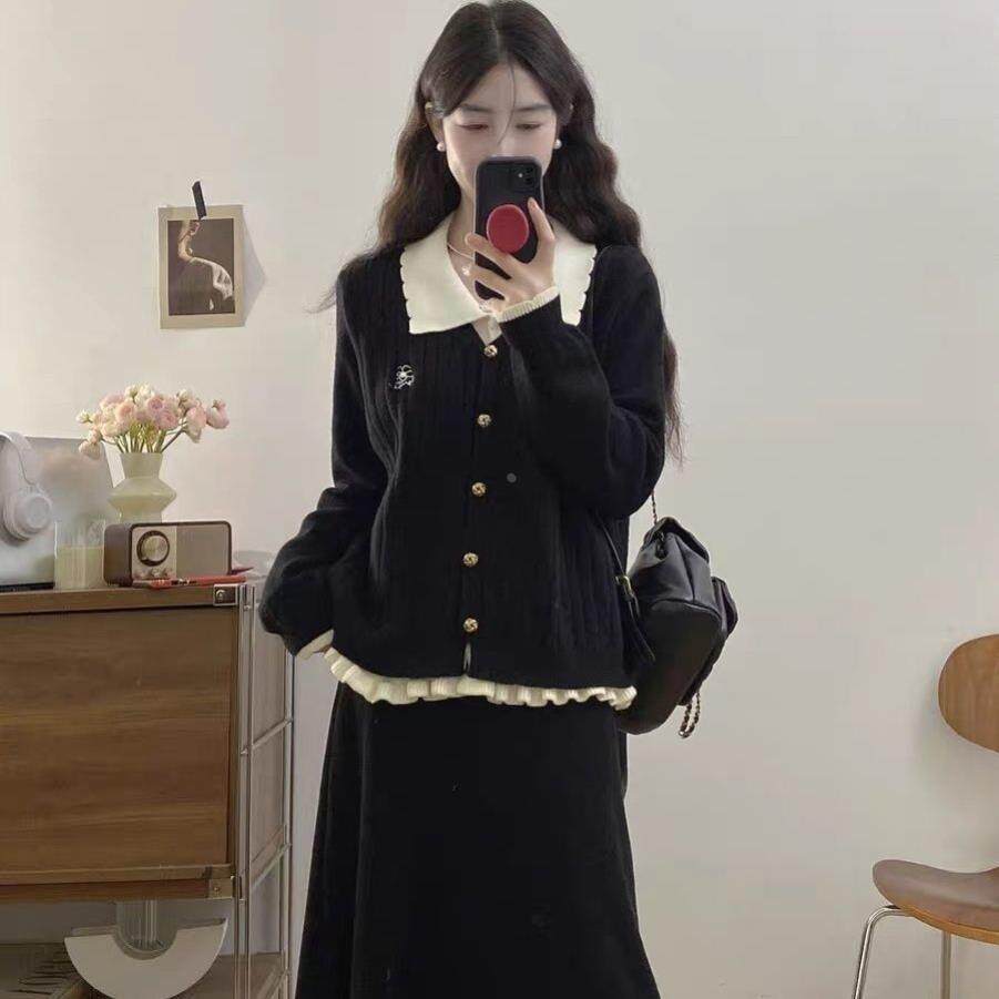 大码胖mm秋冬季新款 假两件针织开衫女 撞色翻领毛衣外套