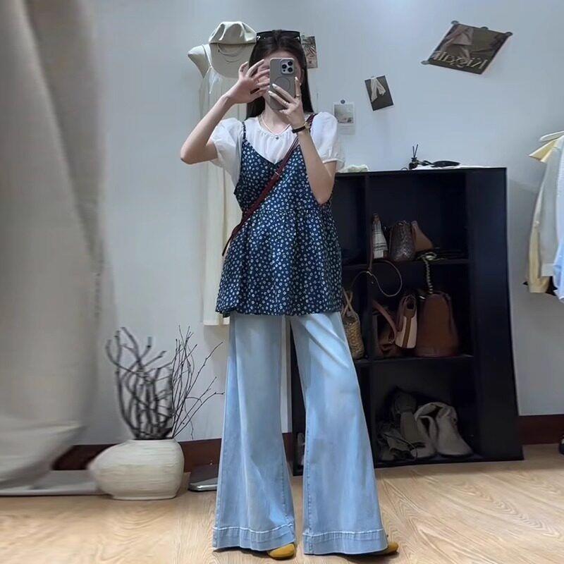 夏季新款高级感衬衫大码胖mm法式复古风碎花吊带撞色假两件上衣潮