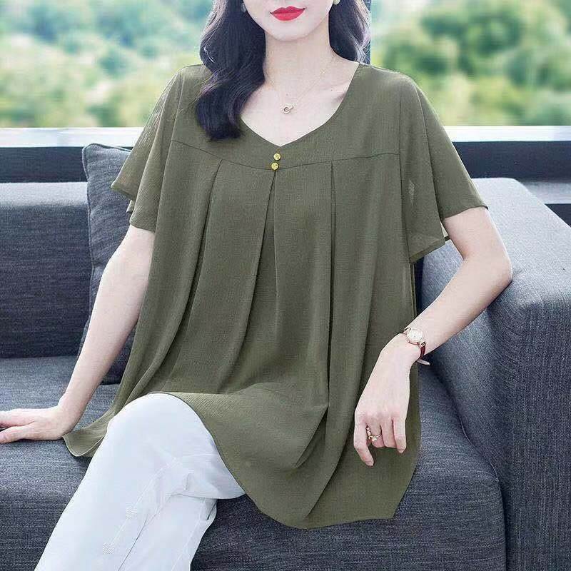 短袖v领雪纺衬衫女2023夏新款大码女装胖mm遮肚显瘦气质减龄上衣