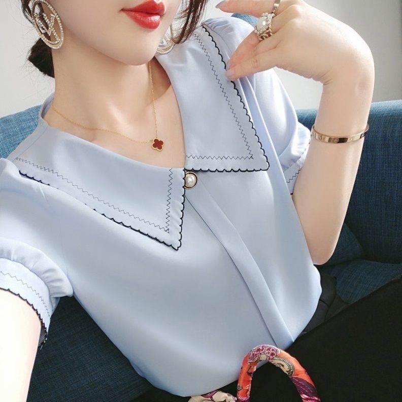 300斤胖妹妹特大码雪纺衫女娃娃领短袖新款刺绣百搭时尚洋气小衫