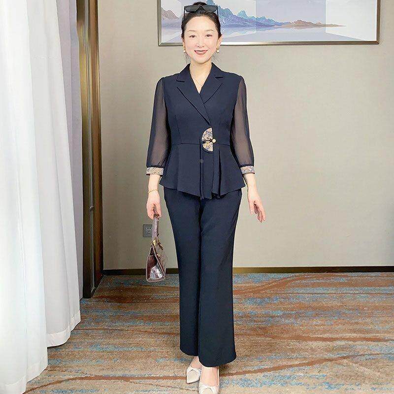 新中式妈妈秋装休闲西装套装洋气中老年女士春夏季雪纺上衣两件套
