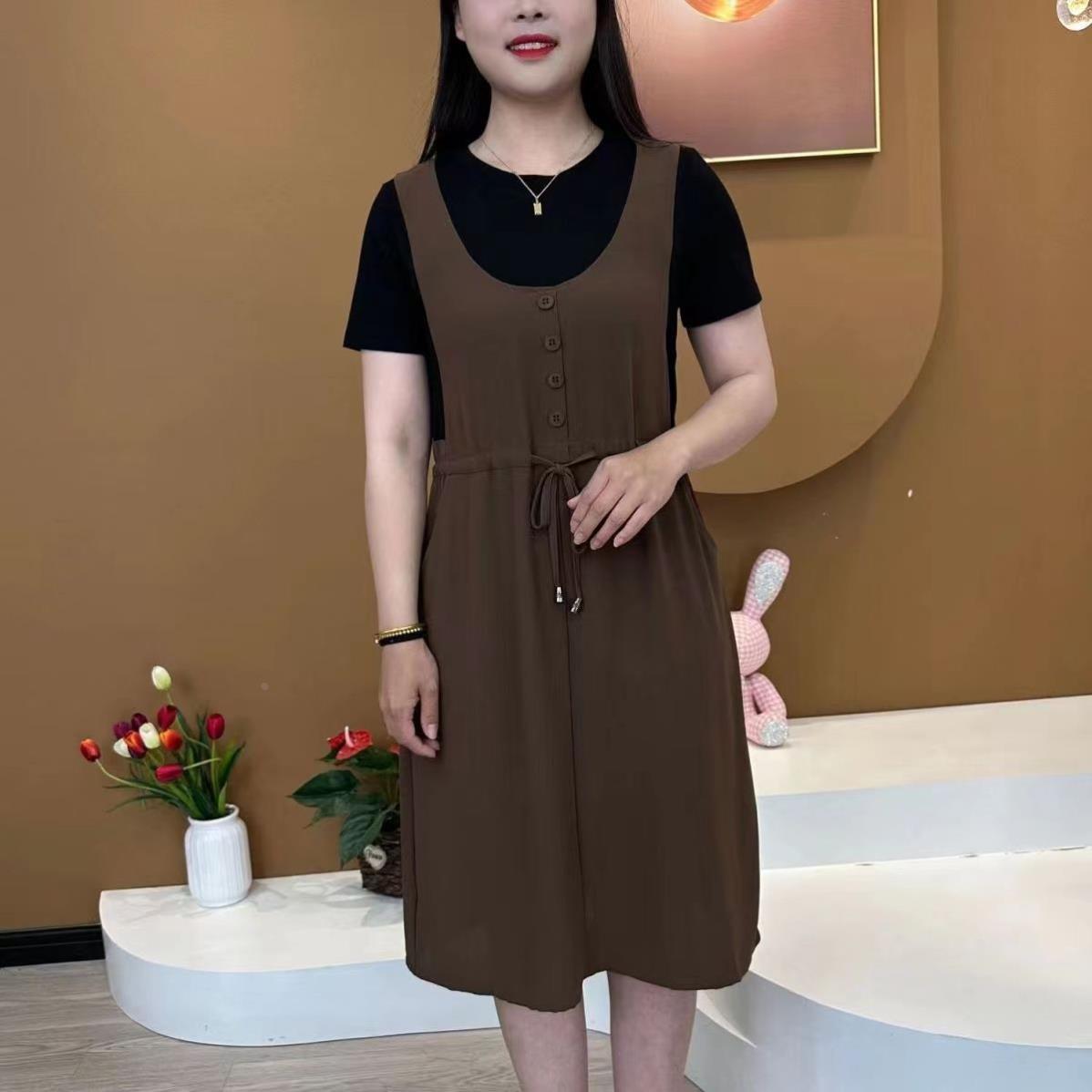 假两件时尚减龄连衣裙新款短袖洋气上衣圆领网红爆款宽松中长裙子