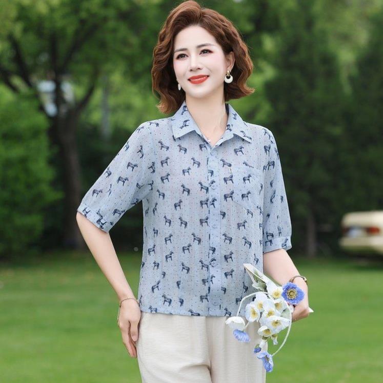 夏季薄款印花衬衫女士大码宽松显瘦短袖上衣妈妈装时尚休闲小衫