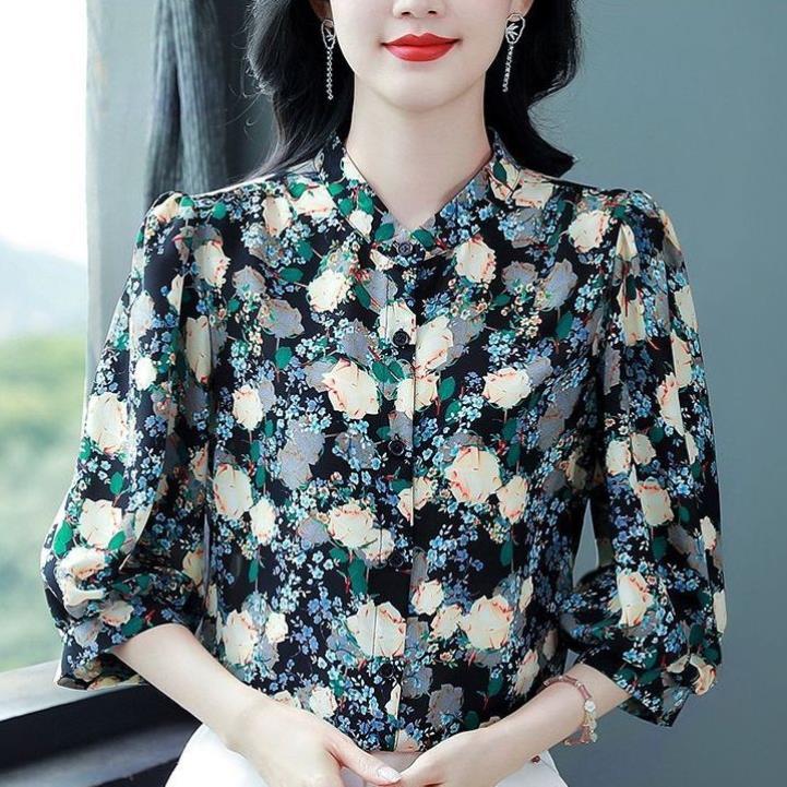 七分袖女衣春夏新款短款漂亮宽松雪纺衫时尚百搭显瘦长袖上衣女