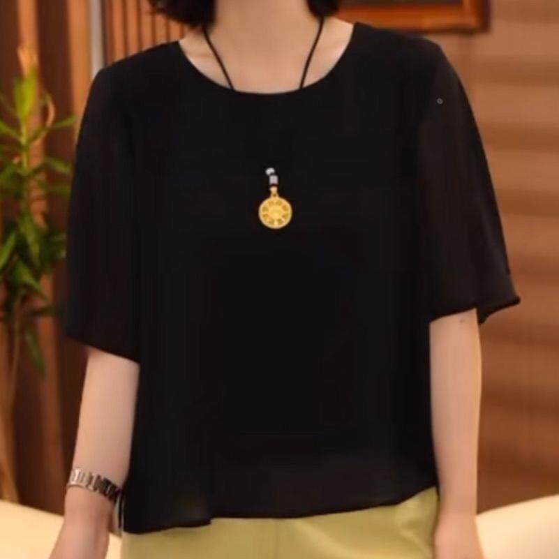 高级感乔其纱2026新款夏季圆领大码短袖上衣宽松遮肚洋气百搭小衫