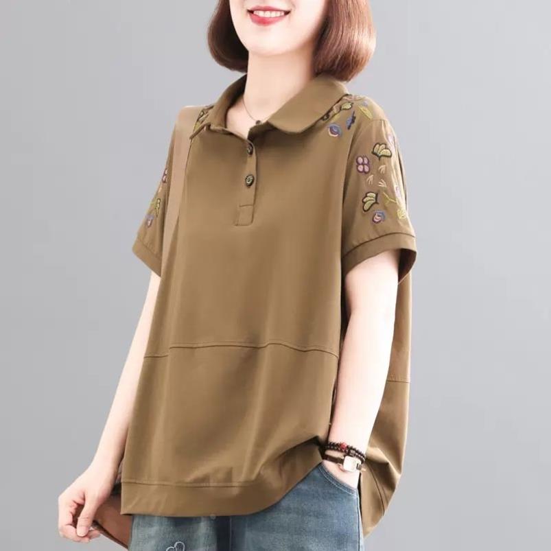 棉短袖T恤女2025夏装新款大码遮肉显瘦文艺复古休闲POLO衫上衣