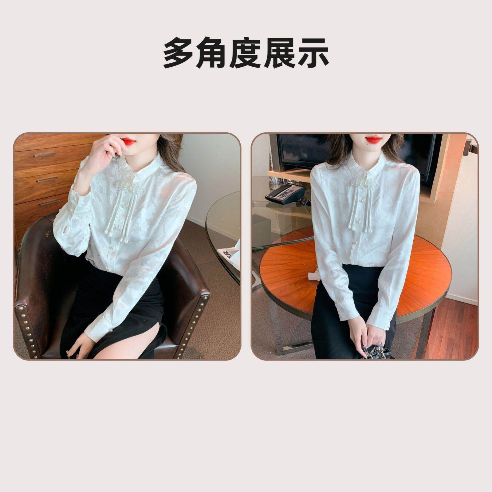 春秋季新中式雪纺衬衫 2026新款一体绒加厚女士衬衣 长袖国风上衣