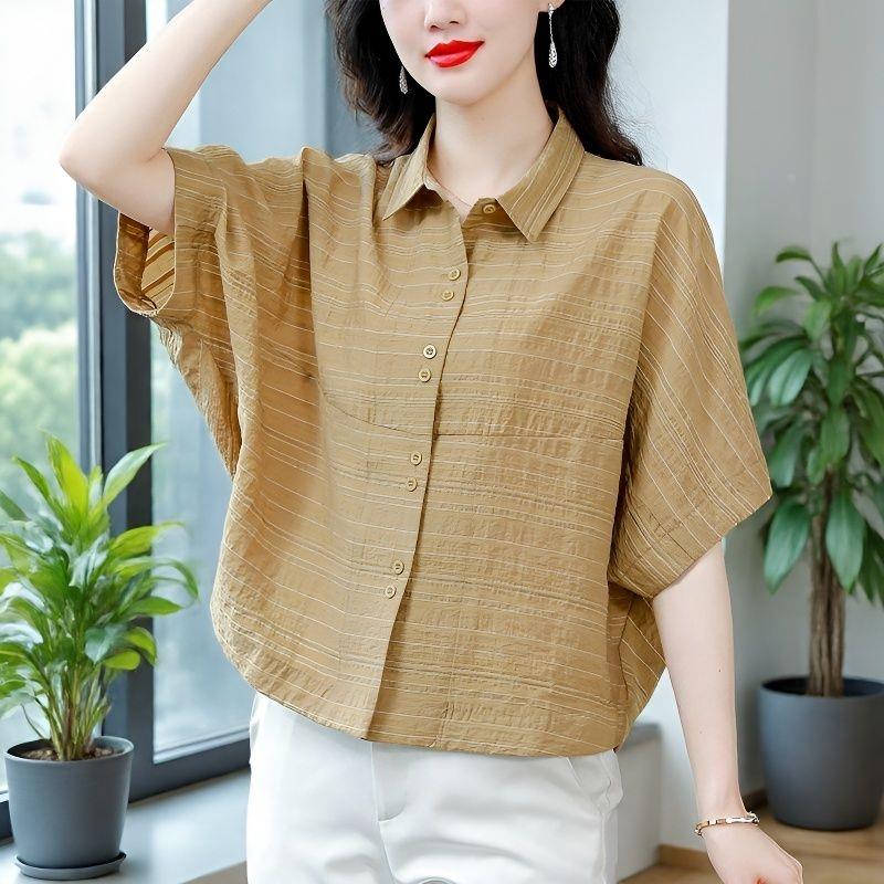 休闲短袖女夏季新款2026韩版宽松洋气蝙蝠衬衫薄款遮肚显瘦上衣潮