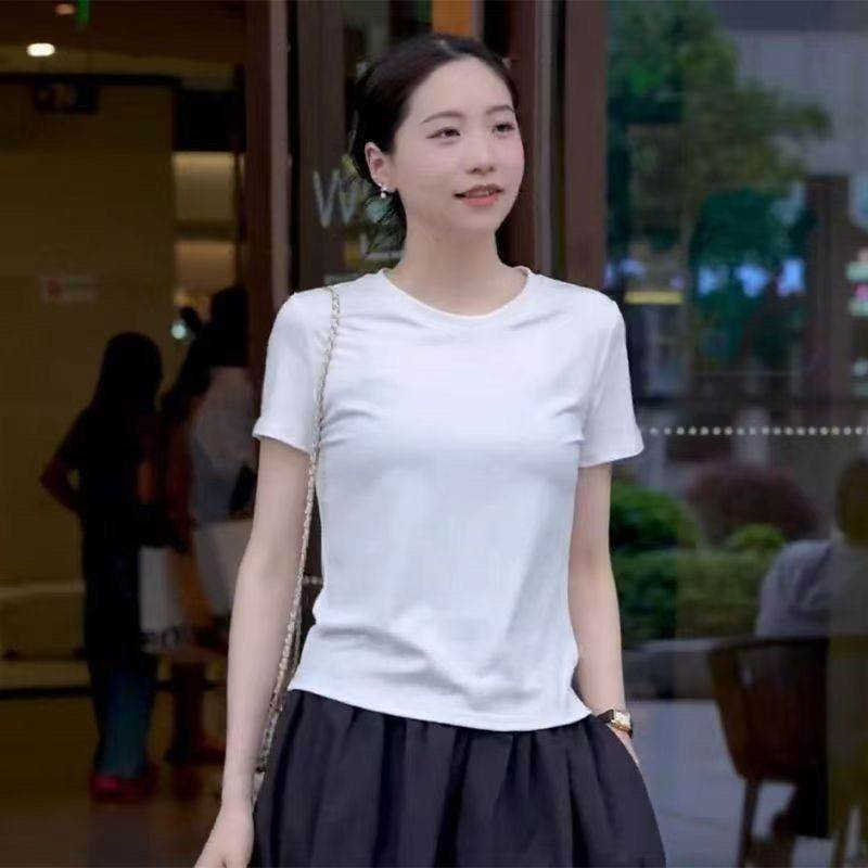 莫代尔小飞袖短袖t恤女夏新款圆领宽松显瘦体恤百搭打底正肩上衣