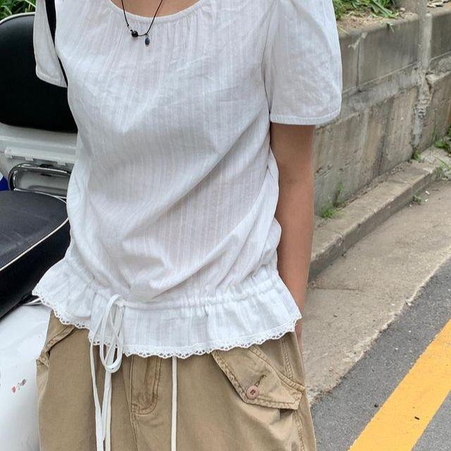 蕾丝花边拼接下摆抽绳上衣圆领纯色短袖衬衫日韩系套头宽松T恤棉%