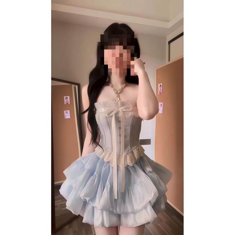 韩系性感纯欲风抹胸蝴蝶结蕾丝上衣少女感蓝色减龄蓬蓬短裙两件套