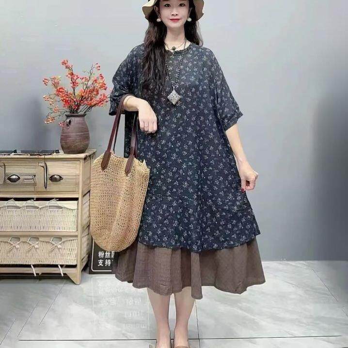 复古碎花棉麻连衣裙女夏季新款妈妈装休闲大码遮肚子显瘦气质长裙
