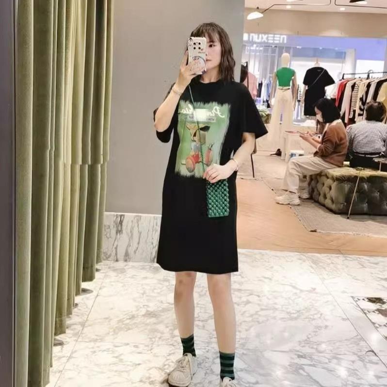 含棉卡通遮臀中长款t恤女夏特大码胖mm宽松显瘦遮肚子连衣裙