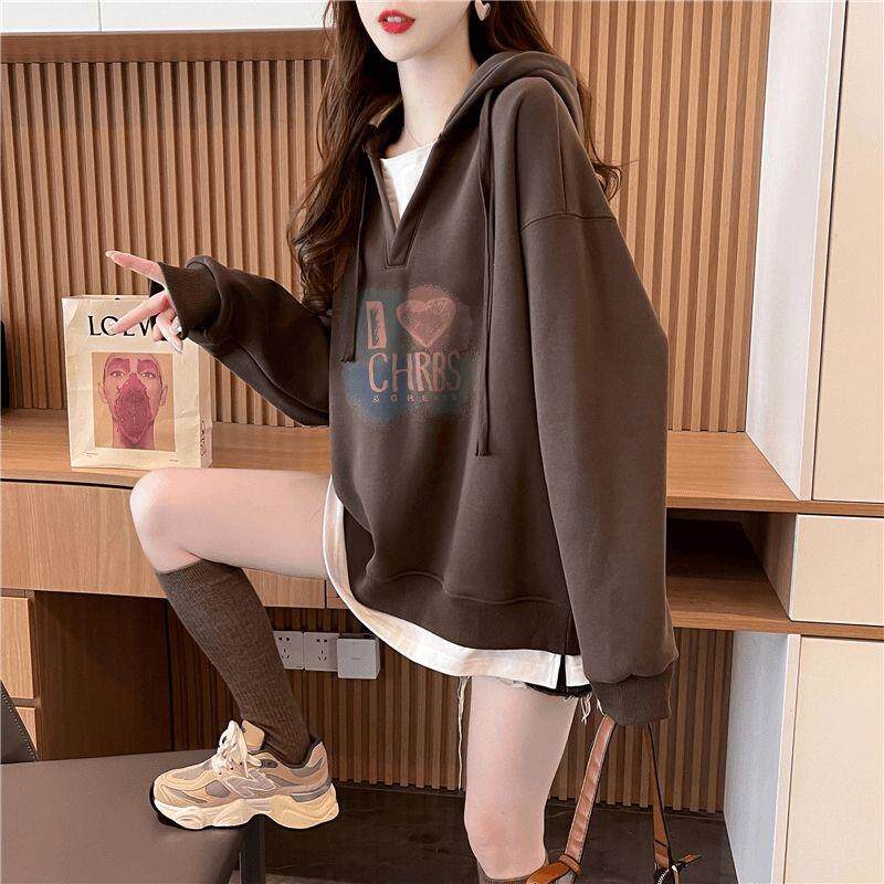 oversize秋冬新款假两件 连帽卫衣女宽松中长款 百搭时尚减龄上衣