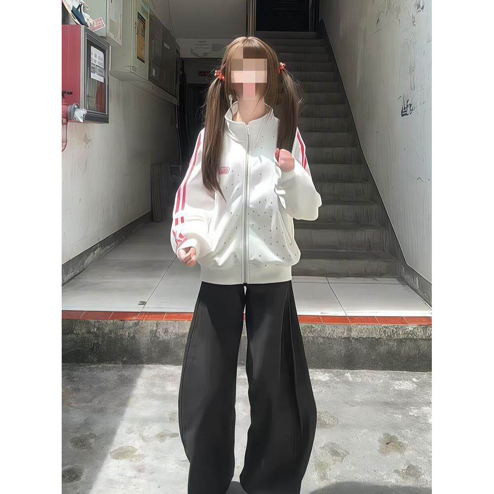 美式复古星星立领拉链外套女秋冬学院风宽松休闲运动夹克白色外套
