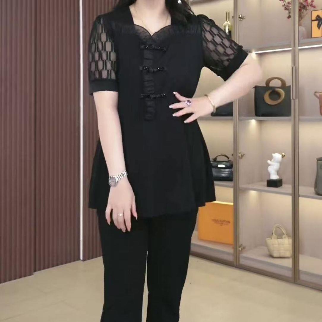 黑色蕾丝短袖上衣显瘦百搭女装胖45到50岁新中式中长款洋气妈妈装