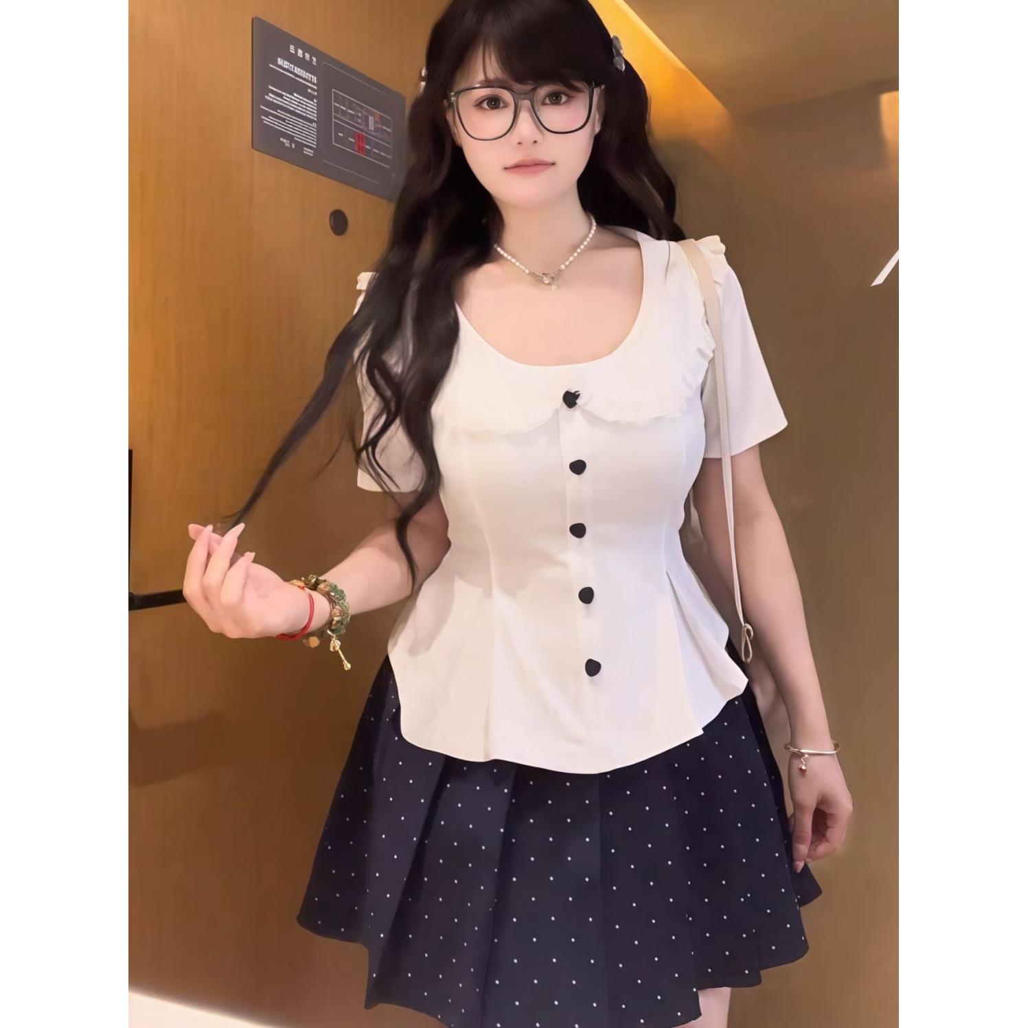 春夏纯欲辣妹风拼接短袖上衣波点裙子日系甜美收腰衬衫学院套装