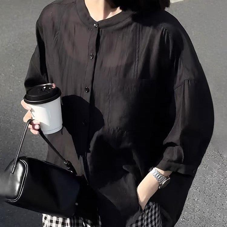 法式高级感黑色衬衣五分袖衬衫女2026新款夏季宽松防晒开衫上衣女