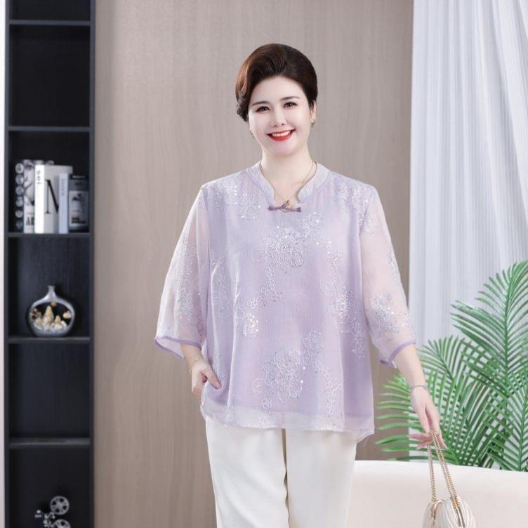 夏季薄款时尚胖妈妈宽松大码雪纺蕾丝衫女士优雅刺绣百搭减龄上衣