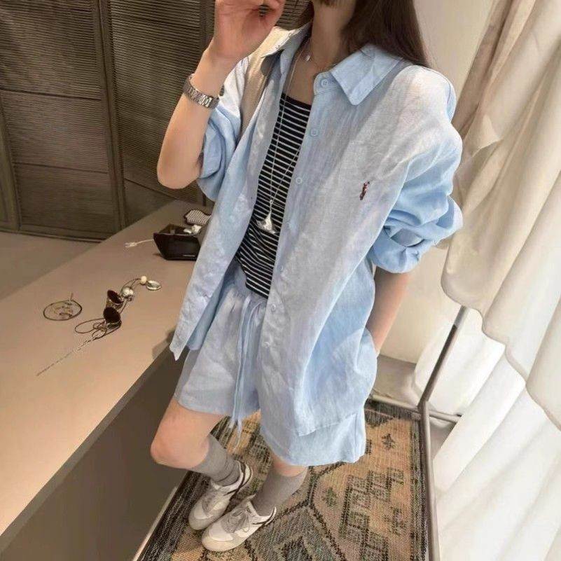 亚麻衬衫套装女2025夏季新款韩版高级感长袖衬衫休闲防晒宽松短裤