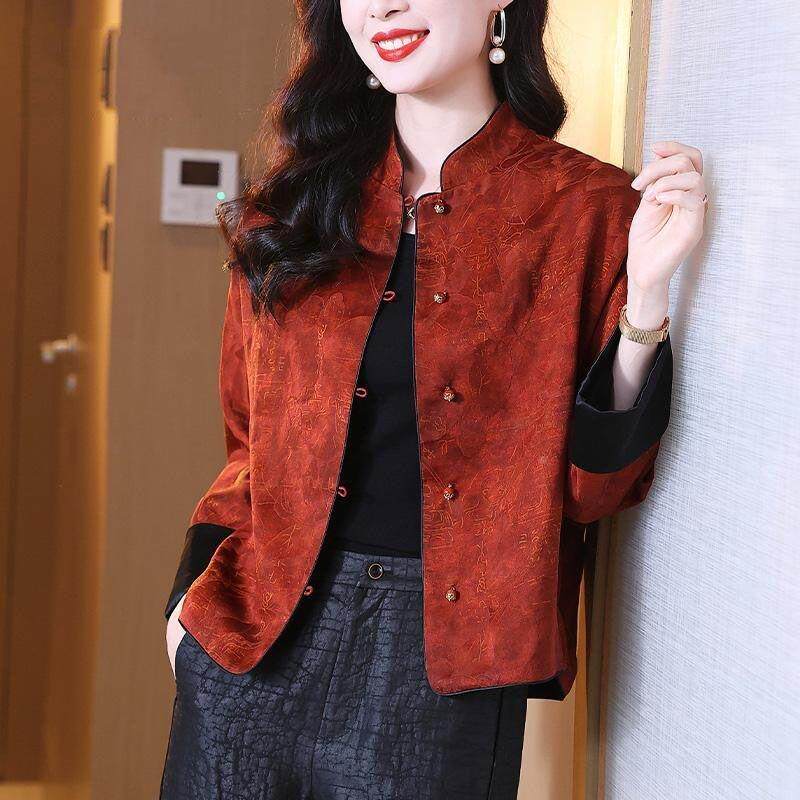 高档香云纱丝绸唐装短外套女春秋款立领中国风红色妈妈丝绸上衣