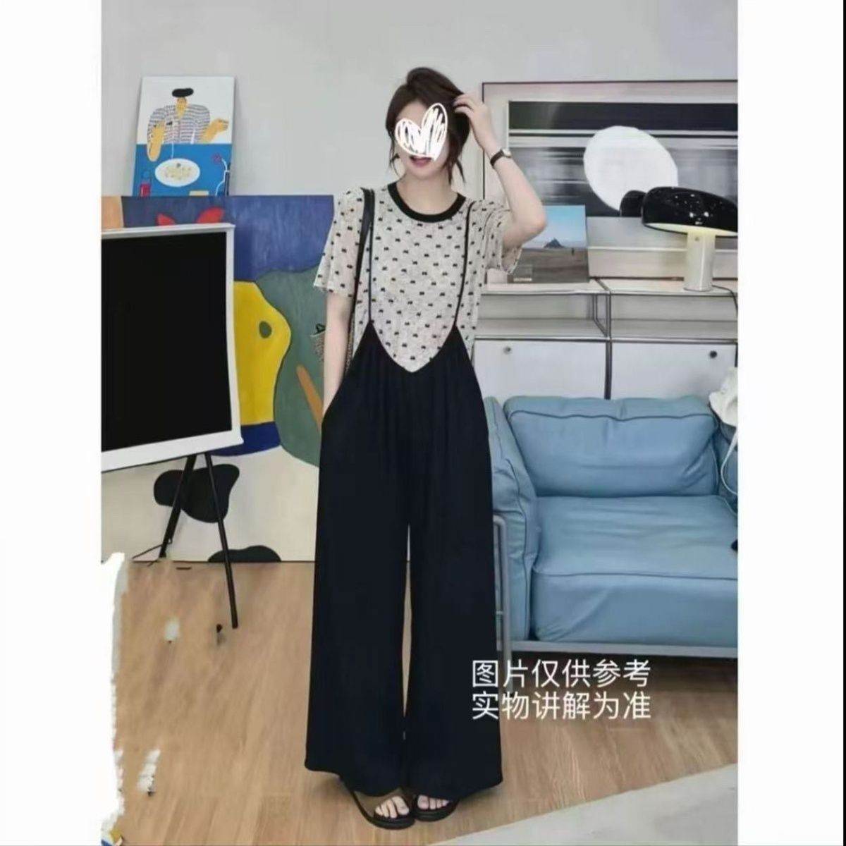 大码女装2026夏季新款洋气显瘦休闲短袖上衣背带阔腿裤套装