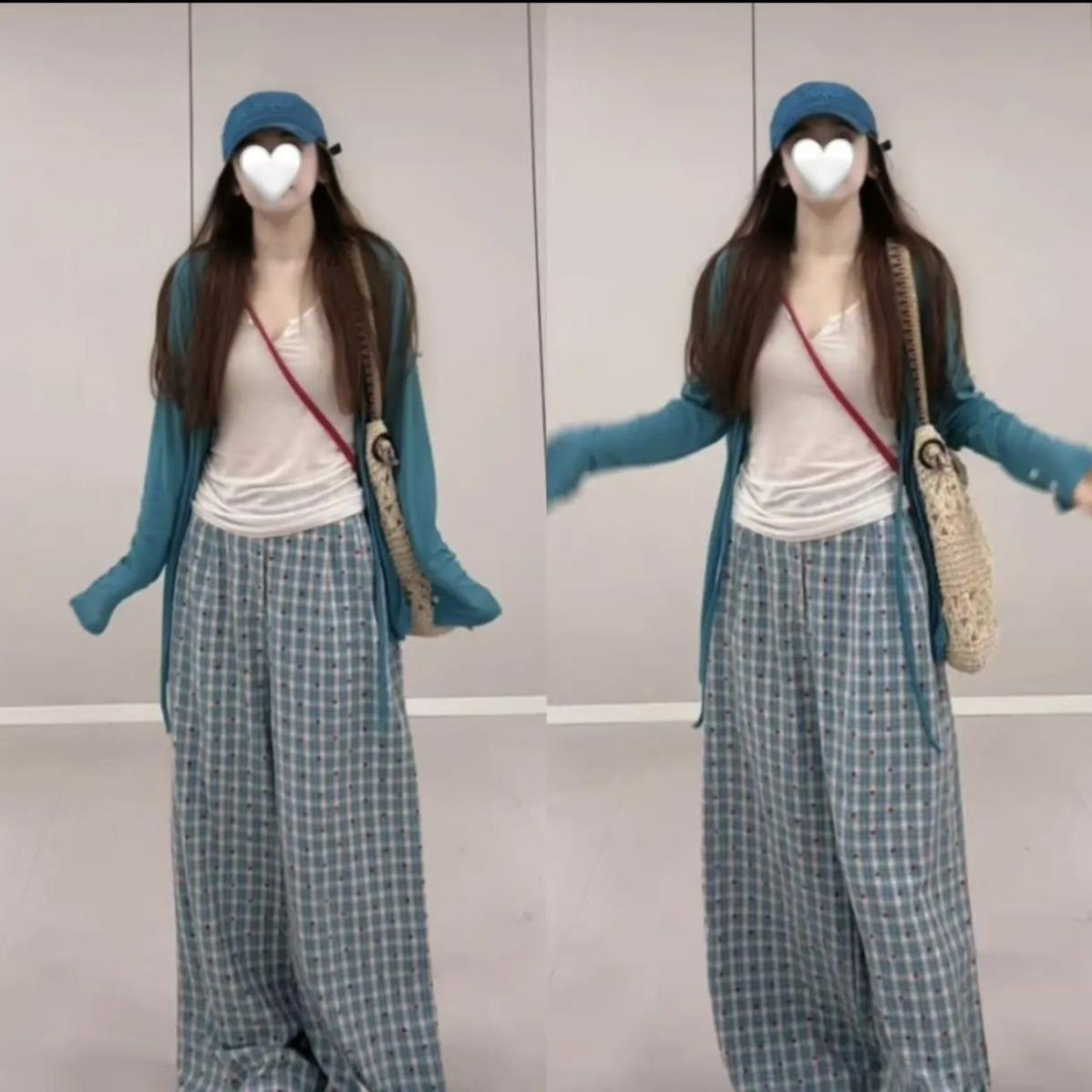 大码胖mm夏季克莱因蓝薄款防晒三件套开衫背心蓝格阔腿裤遮肉显瘦