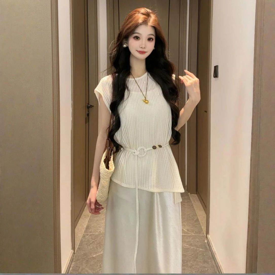 时尚气质收腰显瘦两件套装夏季新款镂空短袖罩衫上衣女背心连衣裙