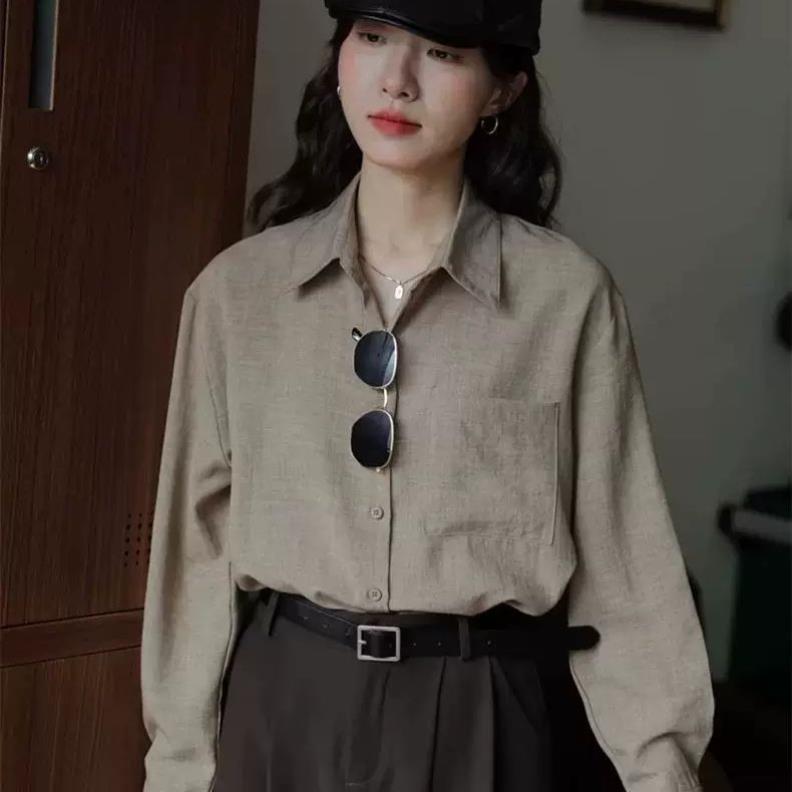 绿色设计感内搭宽松复古港味纯色长袖衬衫女显瘦秋季新款棉麻衬衣