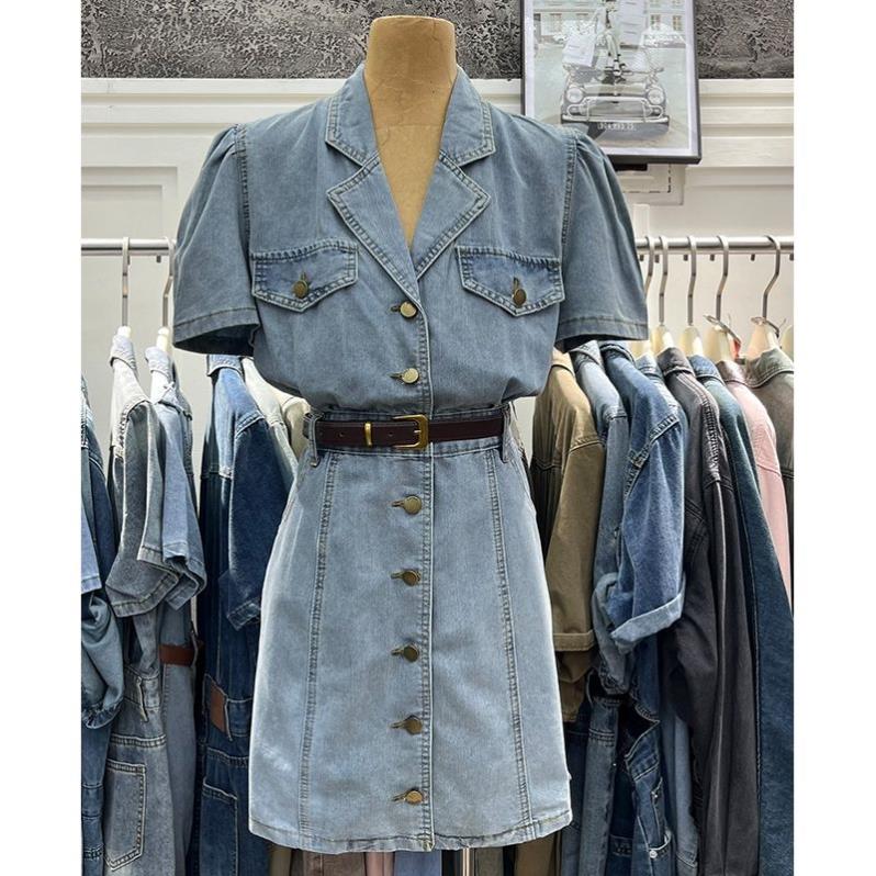 复古港风牛仔风单排扣连衣裙女收腰显瘦小翻领修身气质衬衫裙