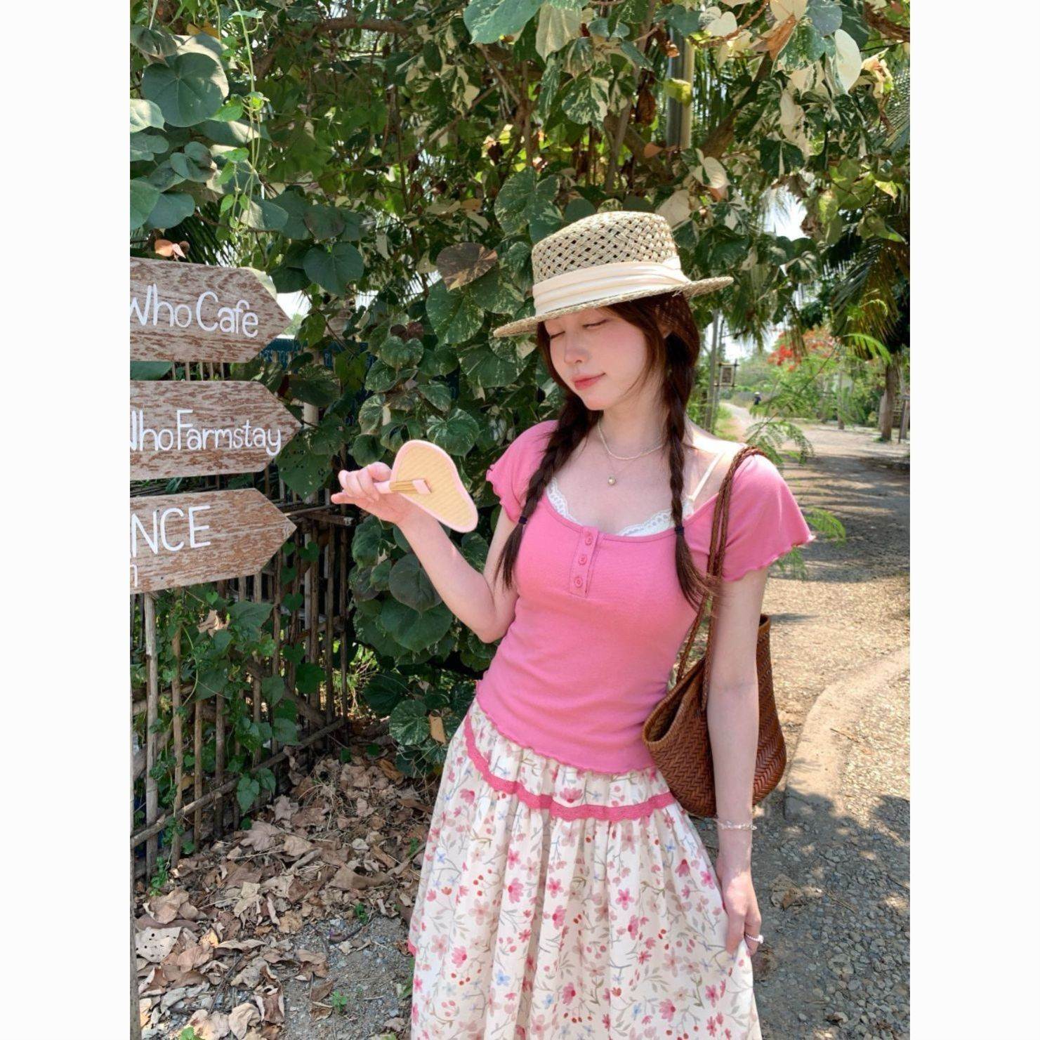 夏季新款粉色短袖蕾丝拼接上衣T恤+花边拼接碎花半身裙夏日两件套