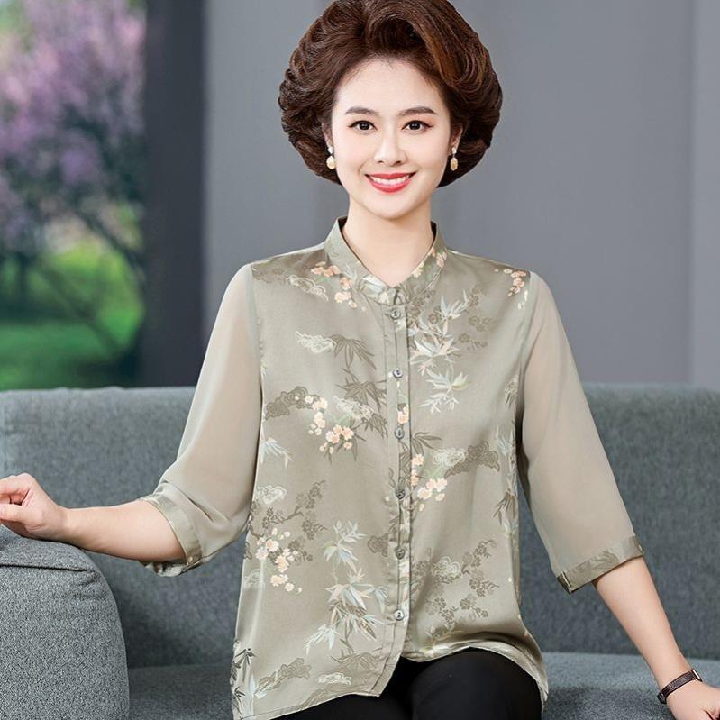 夏新款中老年丝桑女装上衣开衫小衫妈妈春新中式香云纱衬衫