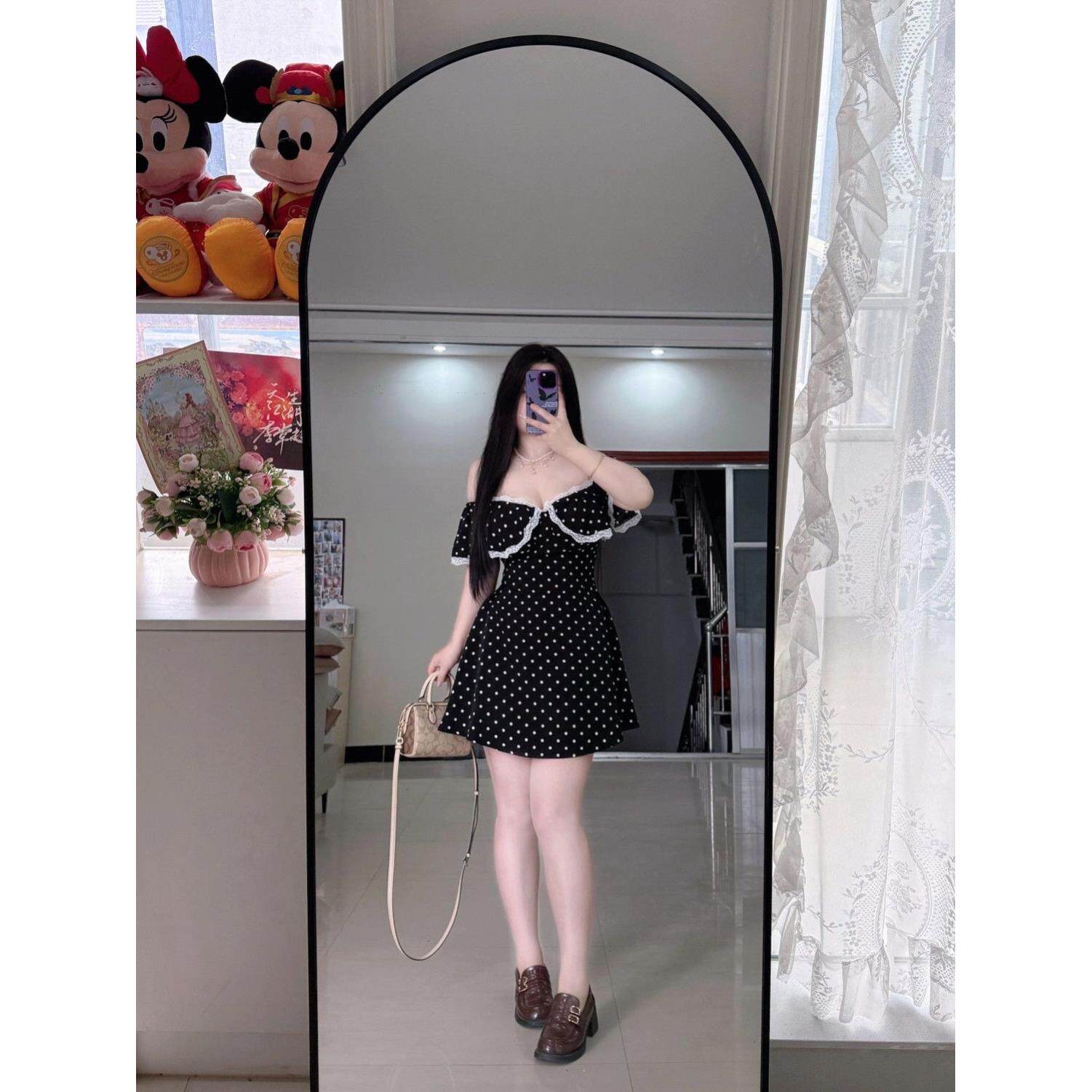 大码女装胖mm法式纯欲波点蕾丝一字肩连衣裙春夏收腰显瘦短款裙子