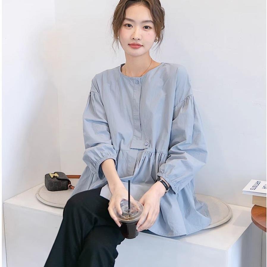 孕妇装娃娃衫棉上衣韩版宽松遮肚中长款春秋季无立圆领蓝色衬衫