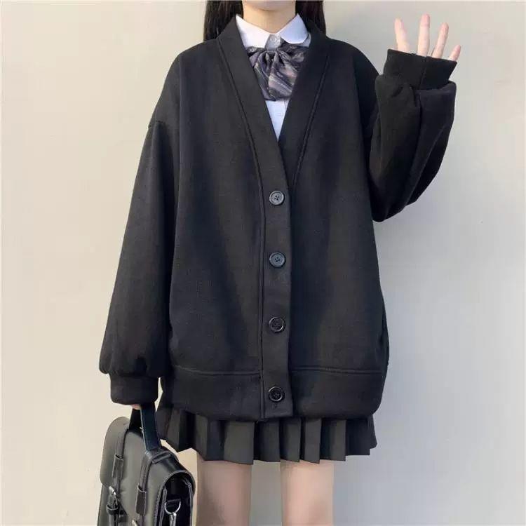 日系开衫卫衣女秋冬新款百搭学生宽松软妹纽扣外套女学院风闺蜜装